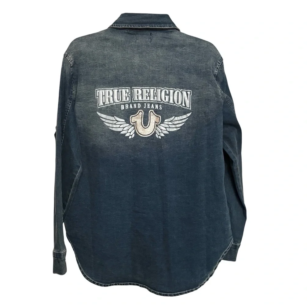 True Religion Georgia Denim Glitter button Shirt Cozy Fireside Wash Large - Picture 2 of 10